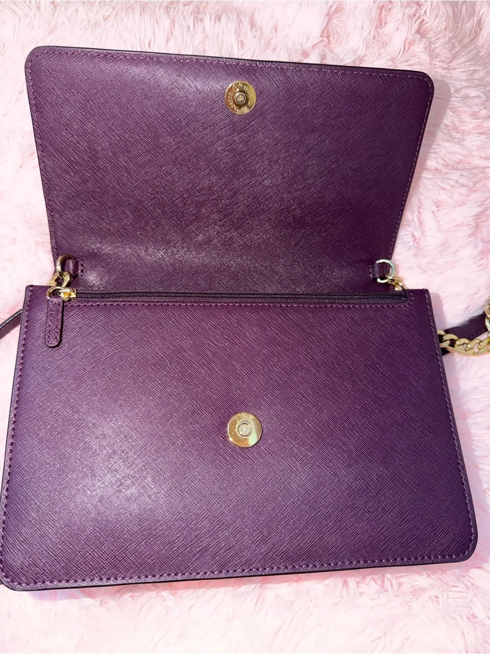 Michael Kors Plum Leather Shoulder Bag with Matching Wallet crossbody gold chain
